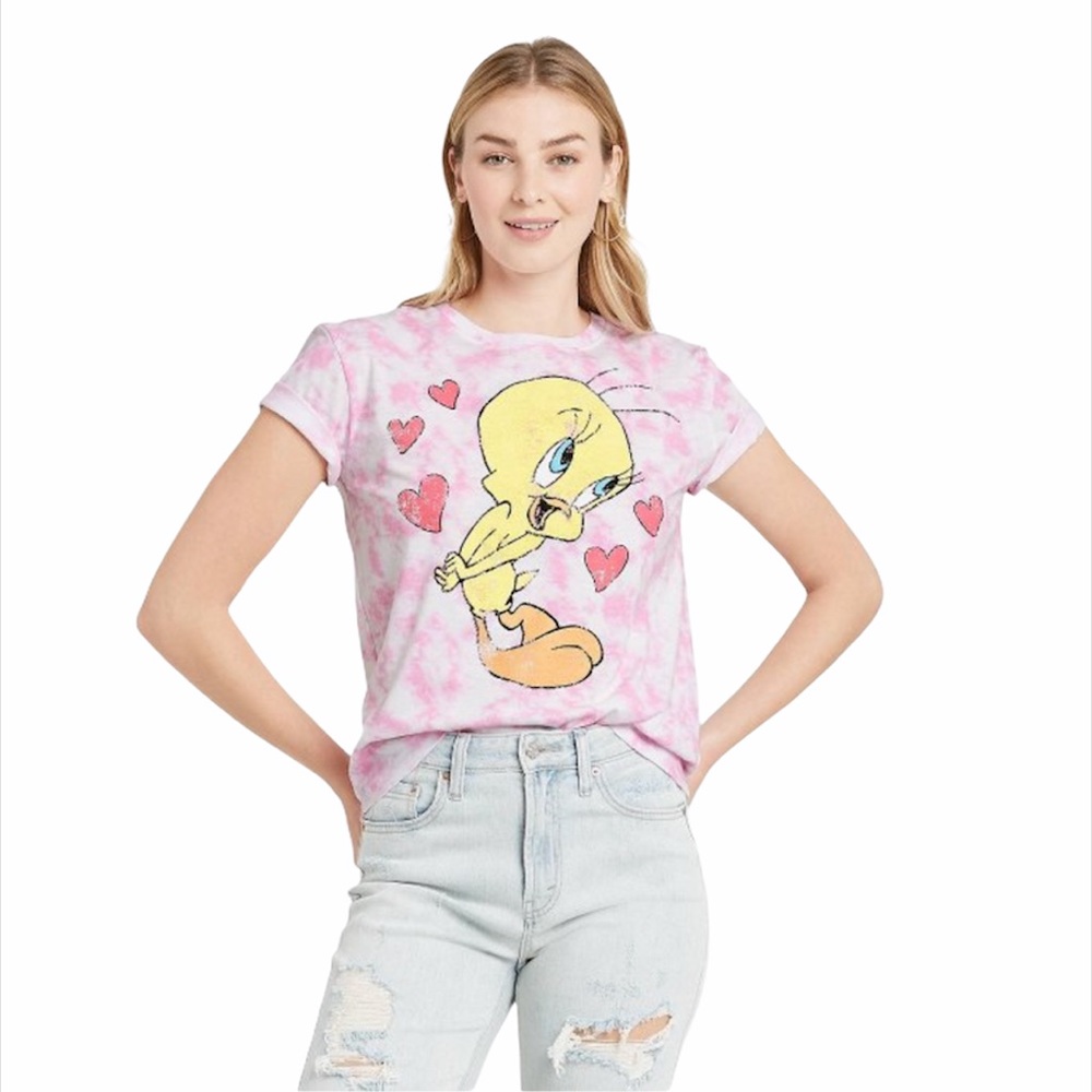 🌵Tweety Bird Tie Dye T Shirt - Pink & White S
